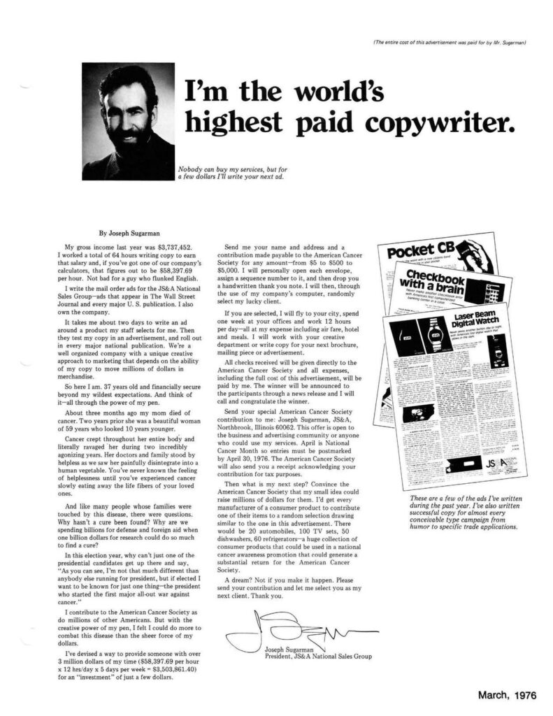 Joe Sugarman Ad - World's Highest Paid Copywriter